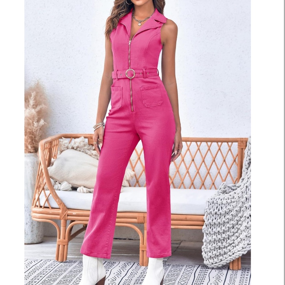 Pink & Gold 🩷💛 Jean Denim Bootcut Belted Jumpsuit Romper - Size Medium